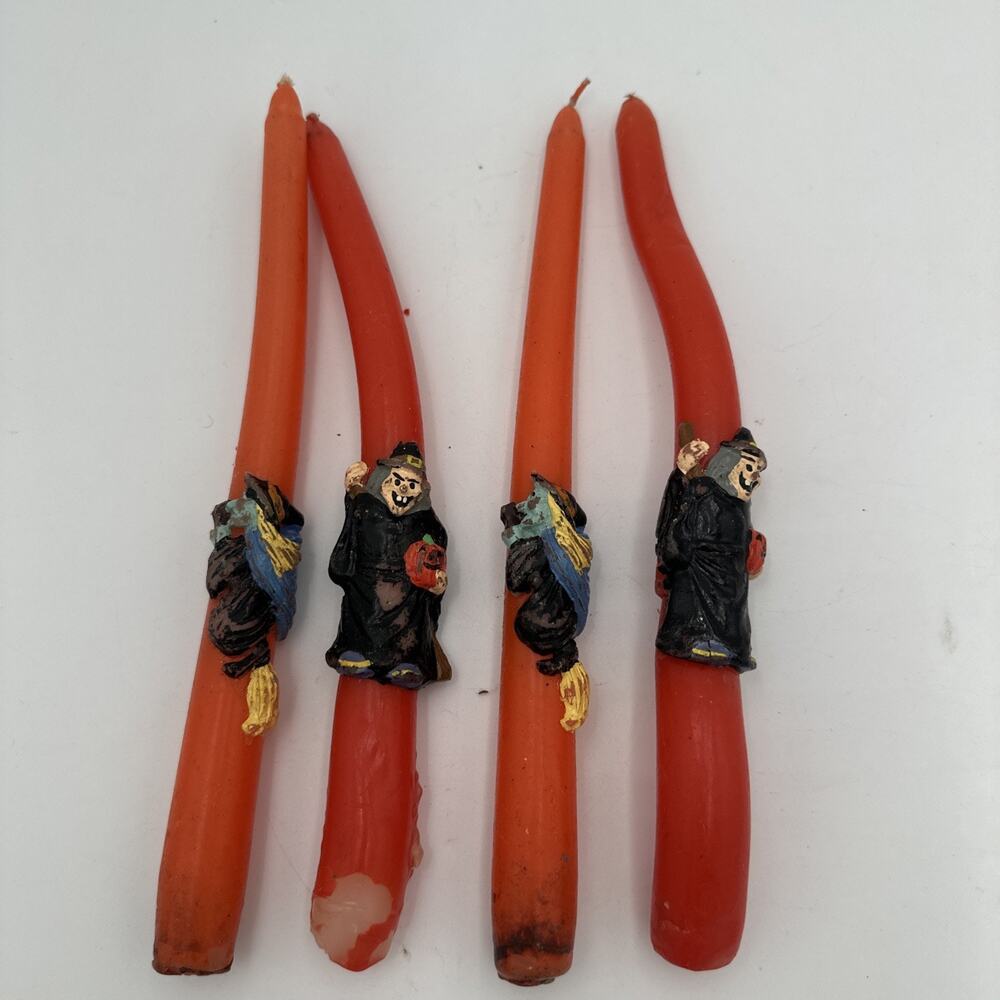 Vintage Lot 4 Halloween Decorative 10” Taper Candle Ghost Witch Orang